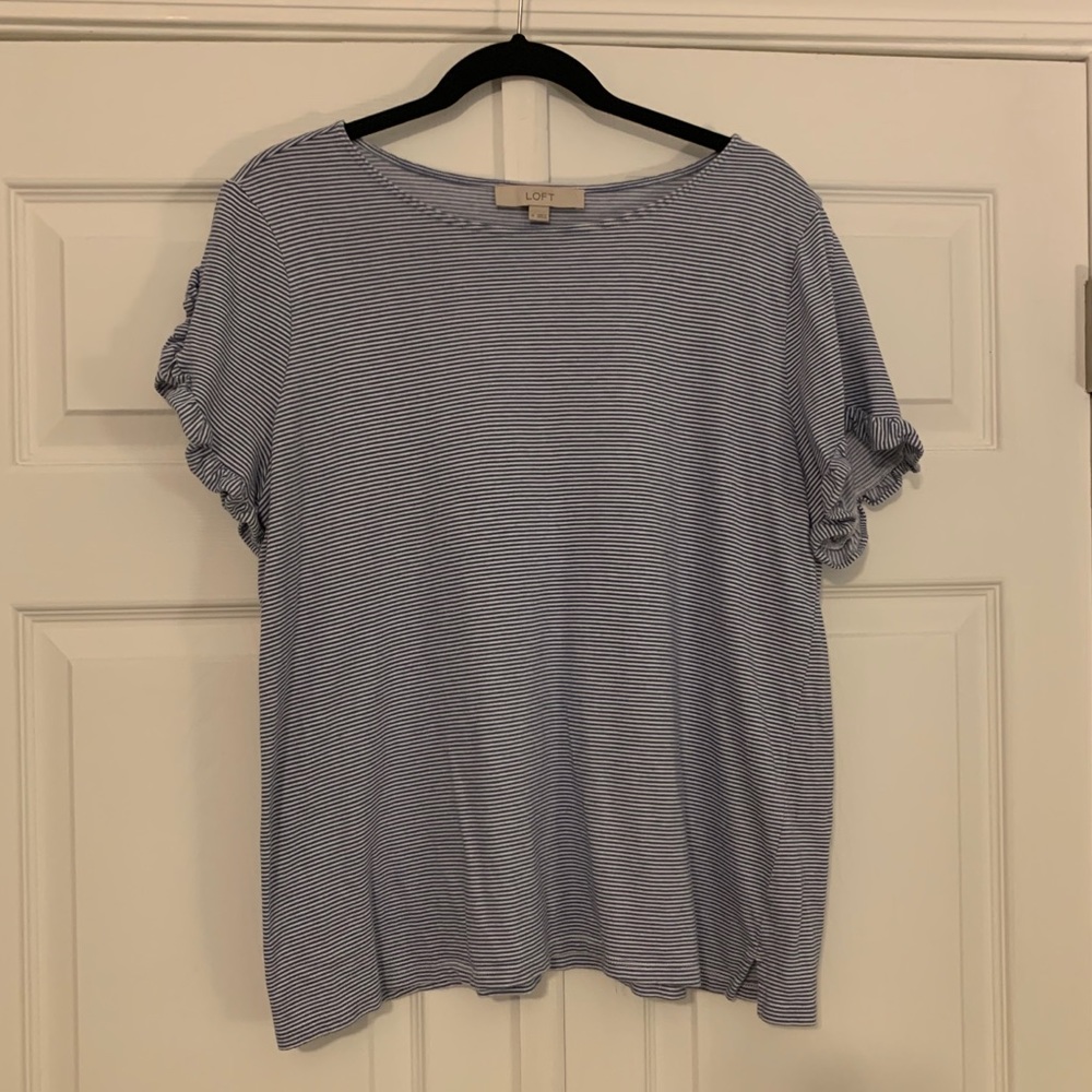 LOFT Blue & white stripe, ruffle at sleeve.